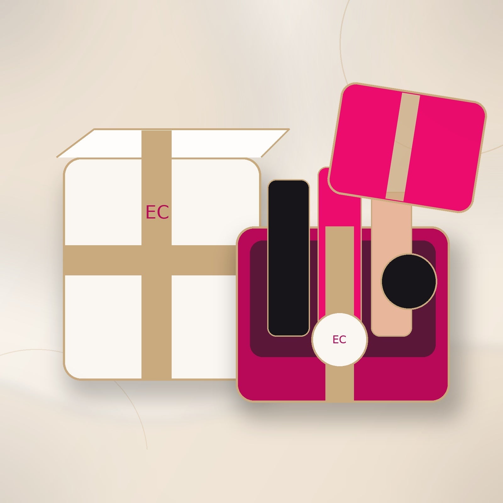 Cajas EC Cosméticos: cajas premium para emprendedoras con selección de cosméticos en magenta, marfil y champagne