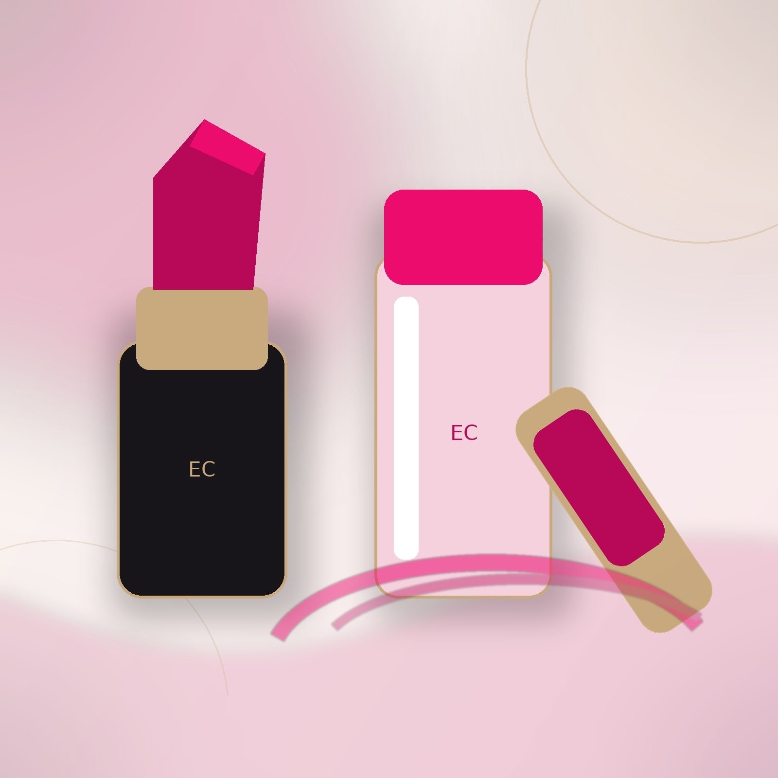 Labios EC Cosméticos: labiales y gloss en composición editorial magenta, marfil y champagne
