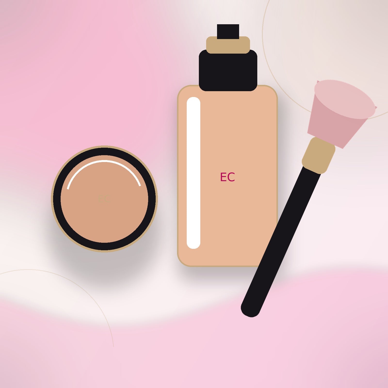 Rostro EC Cosméticos: base, polvo compacto y brocha en paleta marfil, magenta y champagne